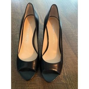 Franco Sarto Pumps Black Leather Heels Women's Size 4.5 Open Toe smaller shoe